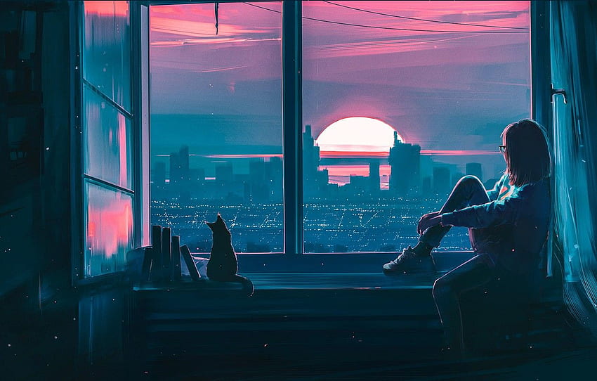 Sunset, Girl, The city, Cat, View, Cat, Window, Fantasy, Landscape, Art, Sunset, Concept Art, Characters, Alena Aenam The, MrSuicideSheep, by Alena Aenami for , section живопись - HD wallpaper