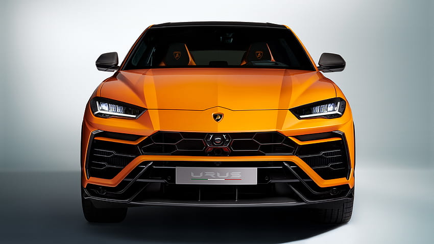 オレンジ色の車、ランボルギーニ・ウルス、SUV、正面図 高画質の壁紙