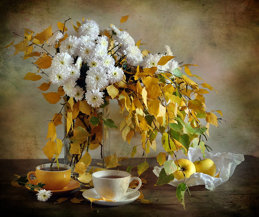 Autumn Pleasures, golden, table, white, tea, fall, vase, colours, mums, cups, leaves, apples, yellow, saucer HD wallpaper