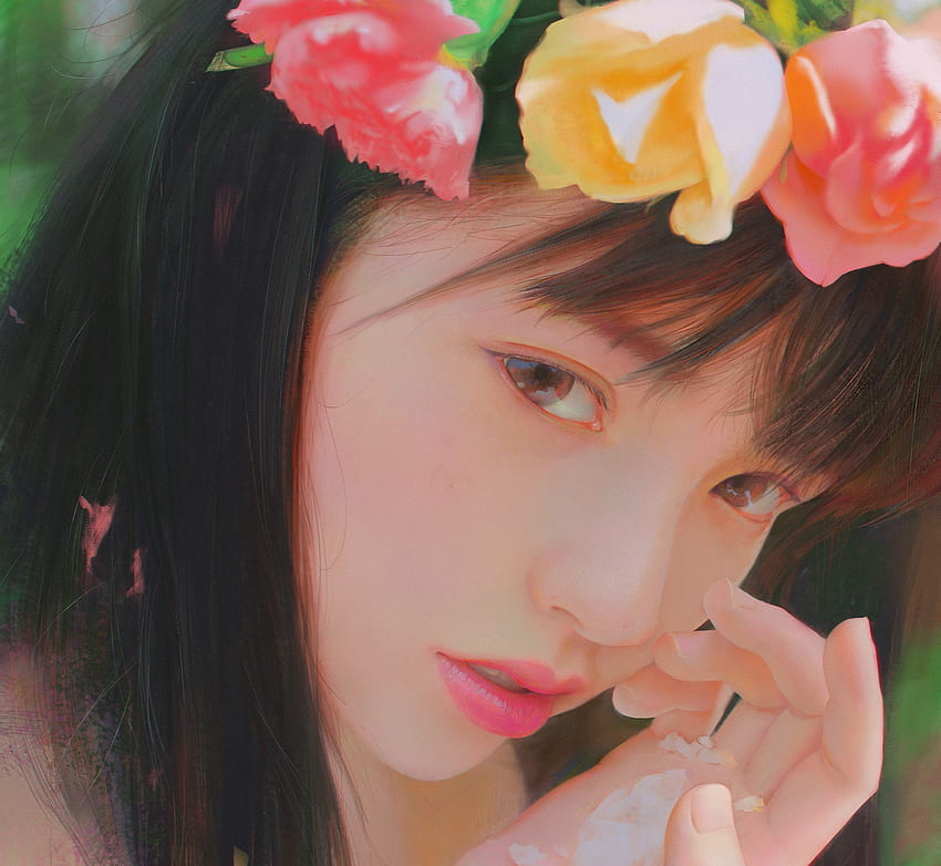 Portrait, asian, girl, pink, bin yang, fantasy, flower, yellow, face, luminos, wreath HD wallpaper