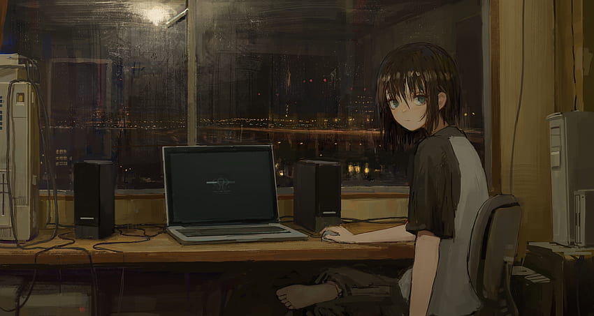 Dziewczyna z anime, pokój, znudzony, brązowe włosy, kawałek życia, ładny widok, dziewczyna inżynier Tapeta HD