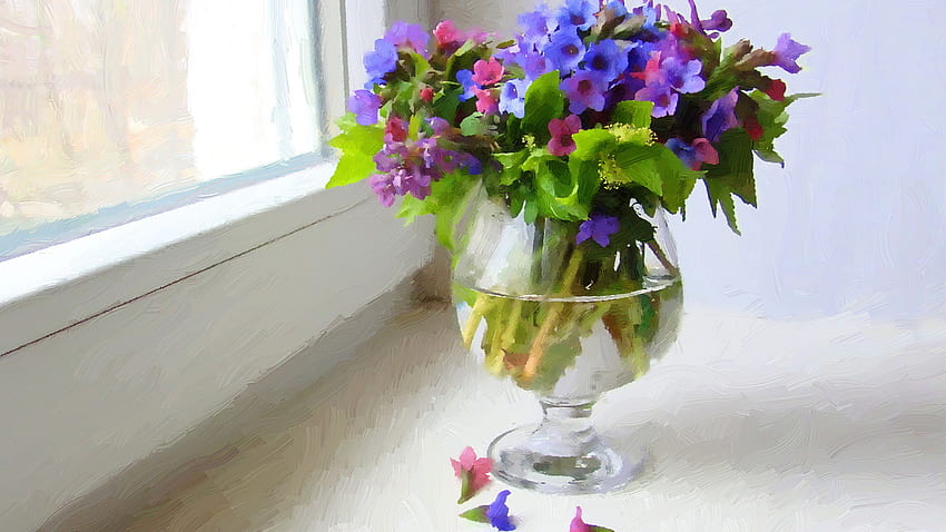 Bright and Beautiful Still Life, blue, painting, window sill, petals, bright, bold, flowers HD wallpaper