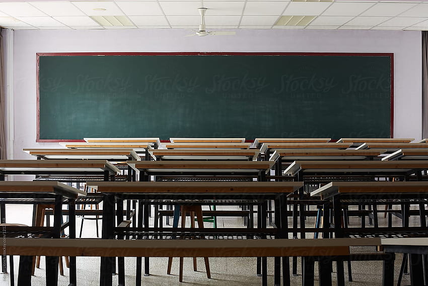 Empty Classroom With Rows Of Student Tables And Blackboard HD wallpaper
