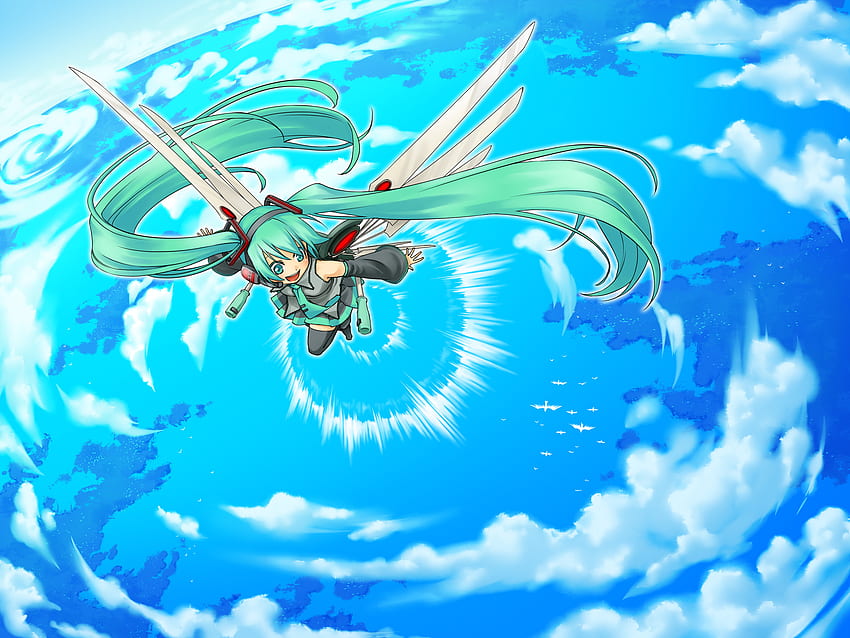 Hatsune Miku, blue, awesome, headphones, cute, angel, vocaloid, beauty, nice, miku, vocaloids, hatsune, thighhighs, ocean, skirt, wings, sea, white, blue eyes, twintail, blue hair, headset, beautiful, tie, anime, pretty, red, cool, clouds, sky HD wallpaper
