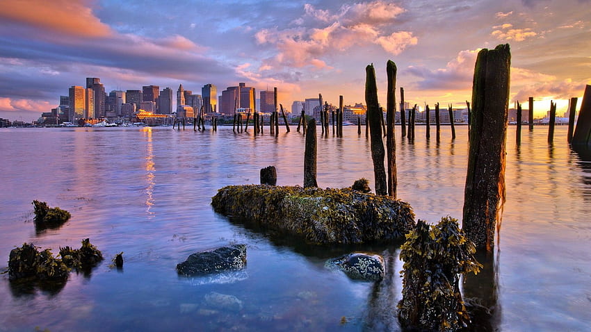 Other: Boston Bay Sunset Massachusetts Clouds City Pillars Rocks HD wallpaper