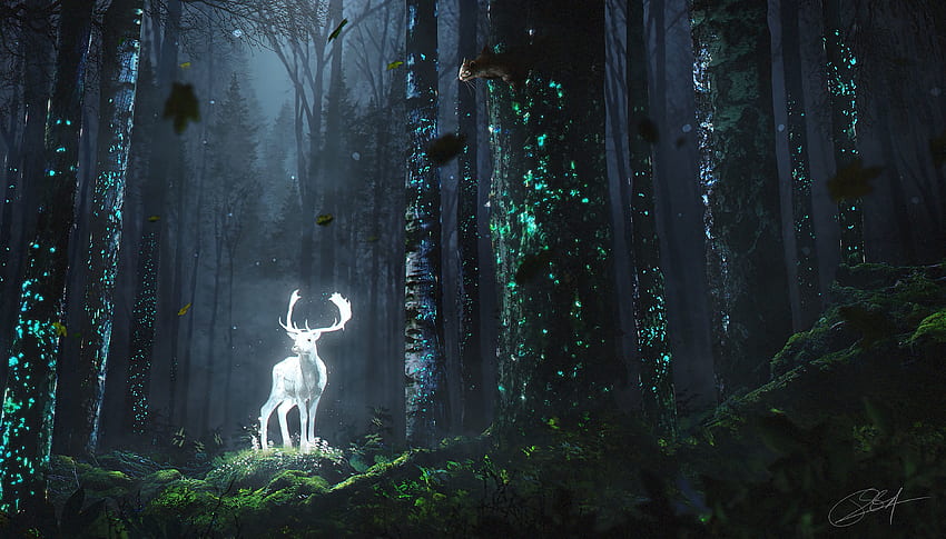 Kunst, Bäume, Gras, Blätter, Nacht, Wald, Glühen, Hirsch HD-Hintergrundbild