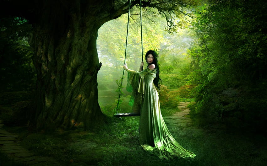 Lugar secreto, elena dudina, arte, balanço, menina, árvore, mulher, fantasia, verde papel de parede HD