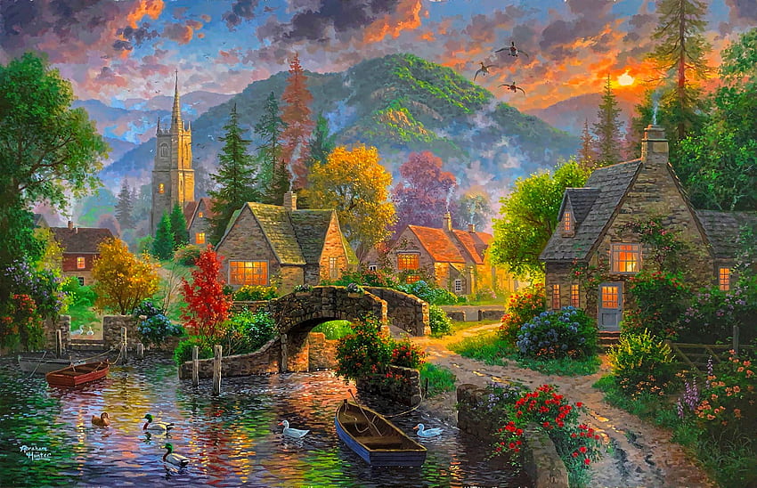 Pueblo de montaña, río, arroyo, arte, casa, otoño, hermoso, pacífico, montaña, serenidad, pintura, puente, otoño, cabaña, estanque, campo, pueblo fondo de pantalla
