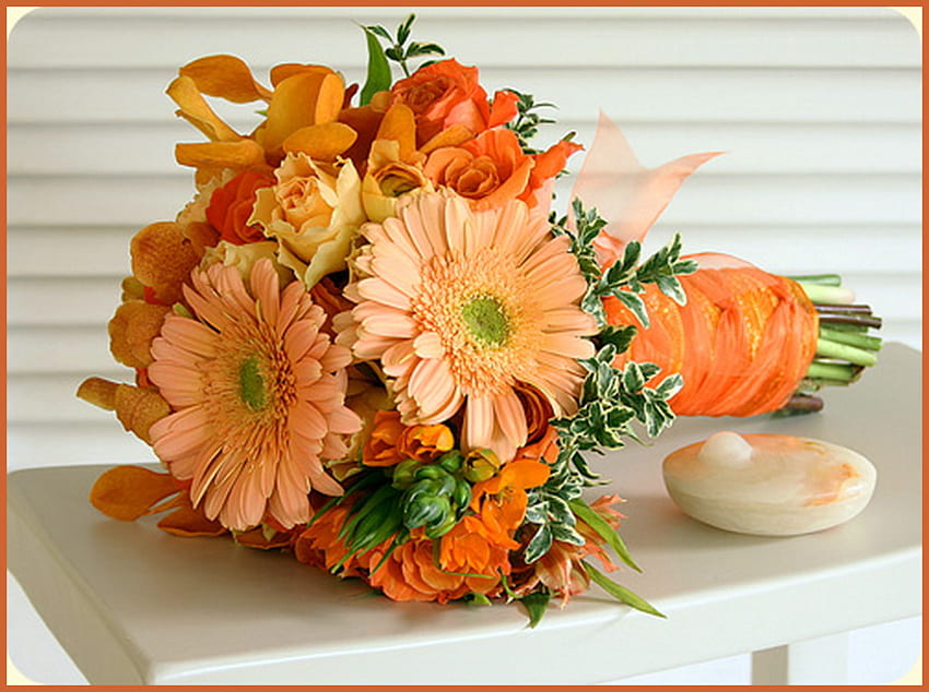 Orange ice, green leaves, gerbers, spring, arrangement, orange, dish, daisies HD wallpaper