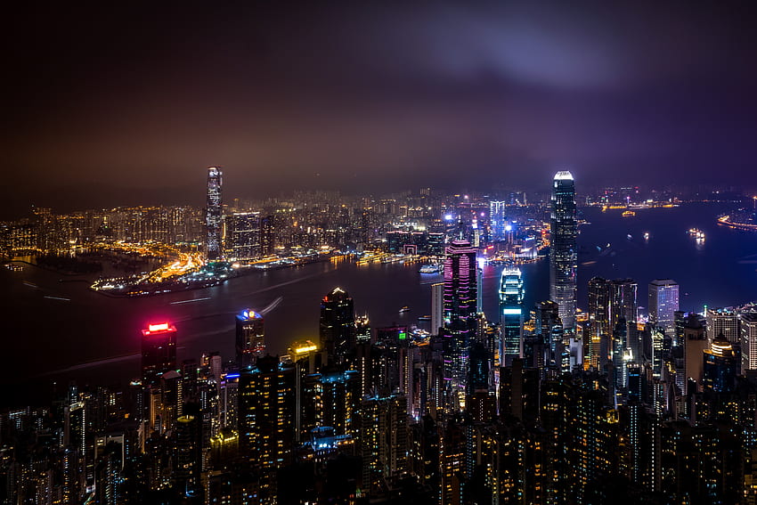 都市, 夜の街, 街の明かり, 超高層ビル, 中国, 香港, 香港特別行政区 高画質の壁紙