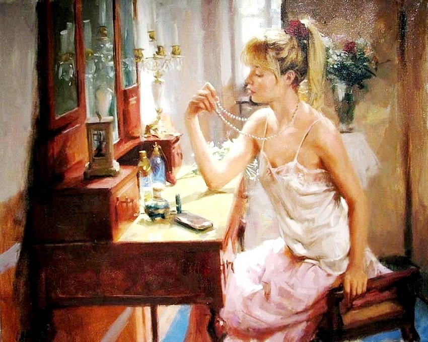 Kobieta z perłami, pokój, y, piękne, lustra, kobieta, naszyjniki, młode, perły, spojrzenie, dom Tapeta HD