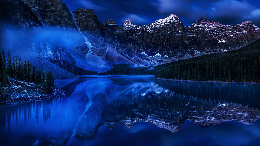 Езеро Морейн, Национален парк Банф, Канадски скалисти планини, Канадски скалисти планини, Долината на десетте върха., вода, отражения, Канада, нощ, Алберта, планини HD тапет