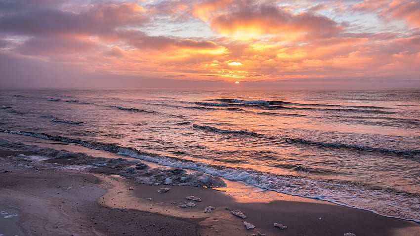Sea Coast Ocean Waves Beach Sand bei Sonnenuntergang Silhouette Hintergrund Natur HD-Hintergrundbild
