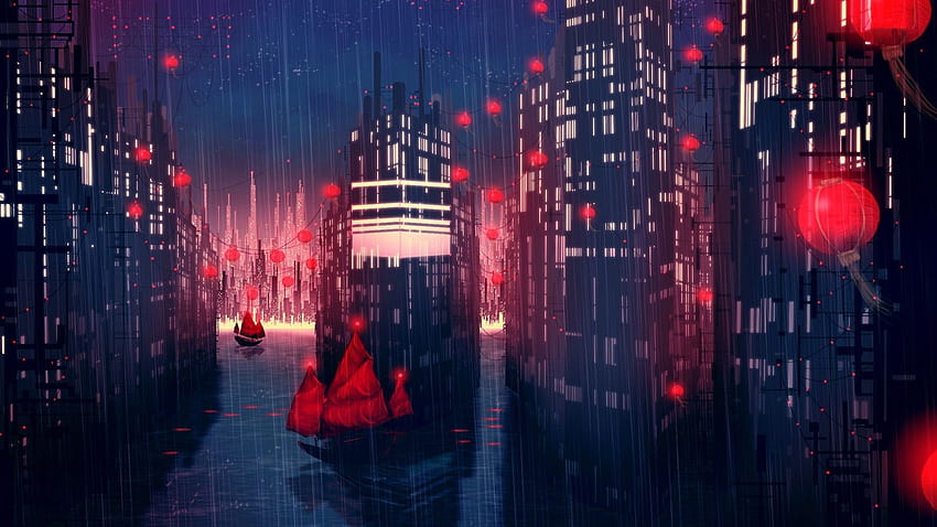 Edifici della città sull'illustrazione della sera piovosa, Night City Rain Lights Sfondo HD