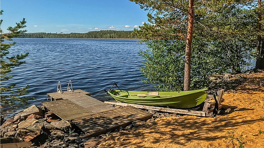 Summer at a lake in Finland, boat, trees, sky, waer HD wallpaper