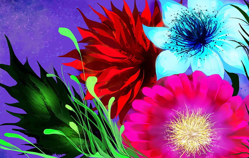 flowers, figure, lilac background, fantasy flowers for , section цветы, Psychedelic Flowers HD wallpaper