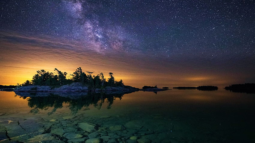Via Láctea acima da Baía Georgiana, Ontário, crepúsculo, árvores, cores, estrelas, céu, água, Canadá papel de parede HD