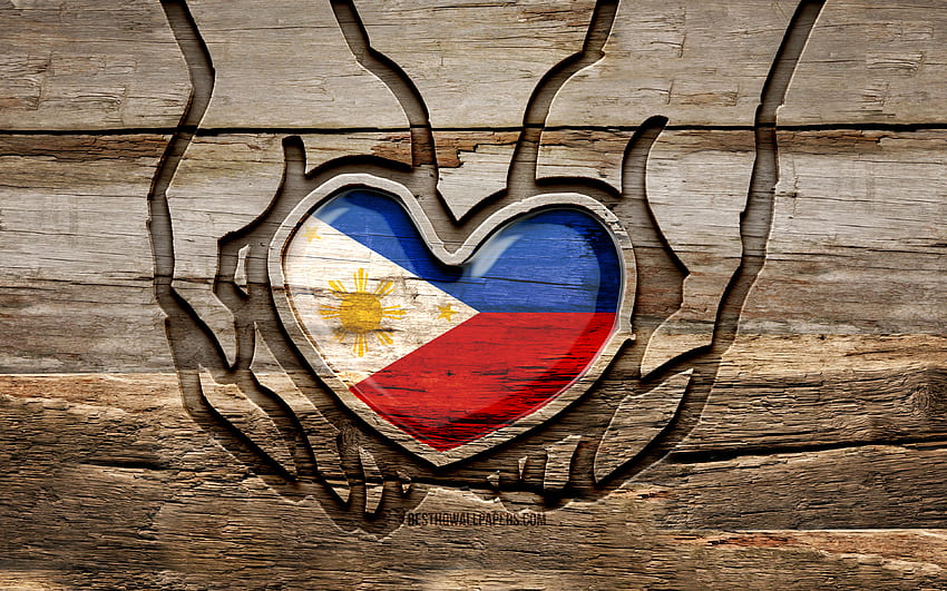 Kocham Filipiny, drewniane rzeźbione ręce, Dzień Filipin, Flaga Filipin, Flaga Filipin, Uważaj na Filipiny, kreatywny, Flaga Filipin w ręku, rzeźbienie w drewnie, Kraje azjatyckie, Filipiny Tapeta HD