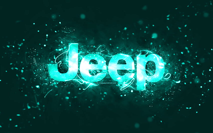 Jeep тюркоазено лого, , тюркоазени неонови светлини, творчески, тюркоазен абстрактен фон, лого на Jeep, марки автомобили, Jeep HD тапет