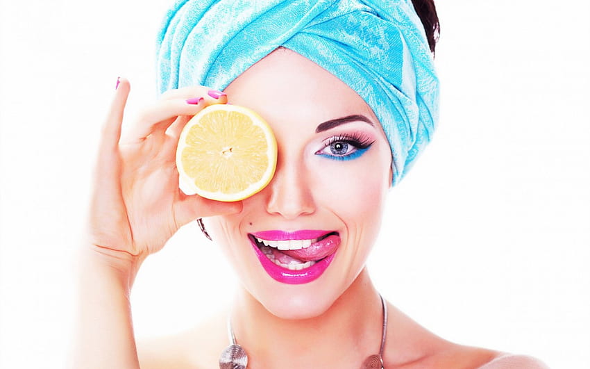 Beauty, blue, model, smile, slice, girl, woman, pink, make-up, lemon, face HD wallpaper