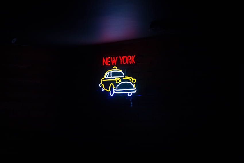 segnale, divertente , , logo, , Rockn Rose, buio, neon, lettera, New York, segno, luce al neon, segno di taxi, viaggio, giallo, Taxi, Belgio, segno di New York, leggero, divertente, Neon Letters Sfondo HD