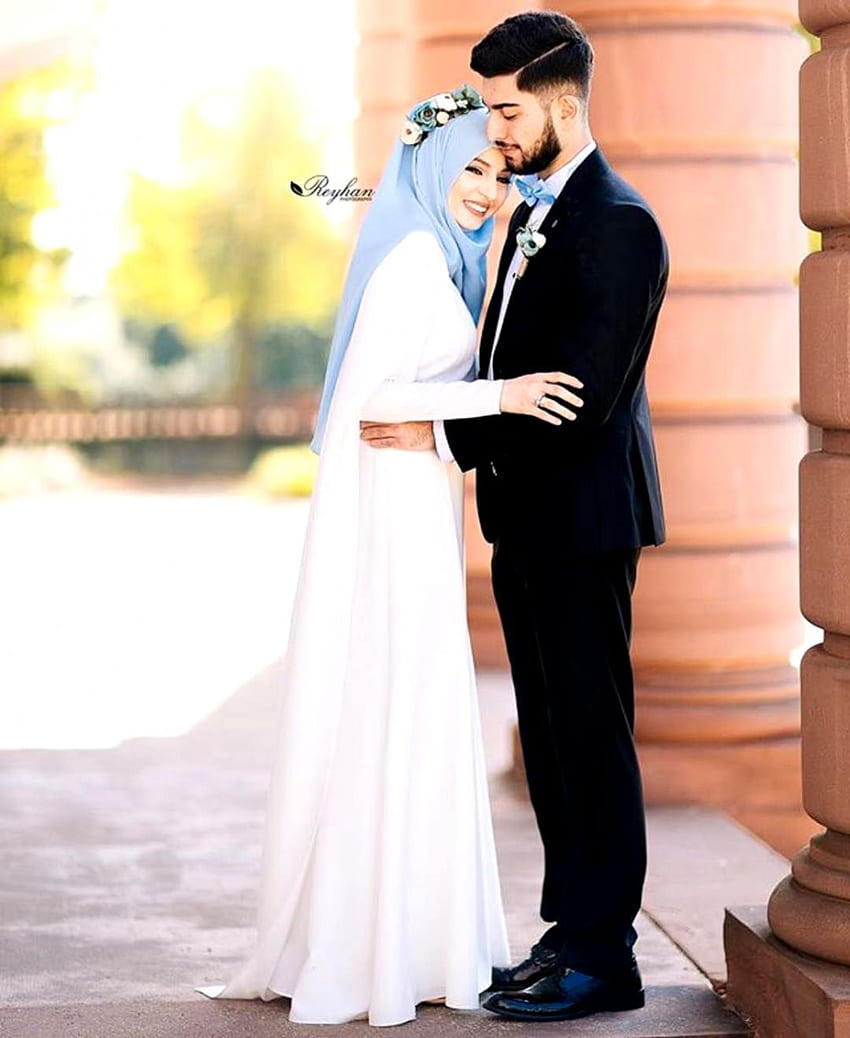 Gold Blue Muslim Wedding Dress Long Sleeve Ball Gown 67026 high neck –  Viniodress