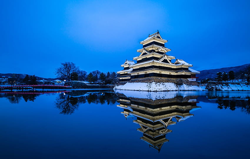 Winter, the sky, water, snow, reflection, the evening, Japan, Japan ...