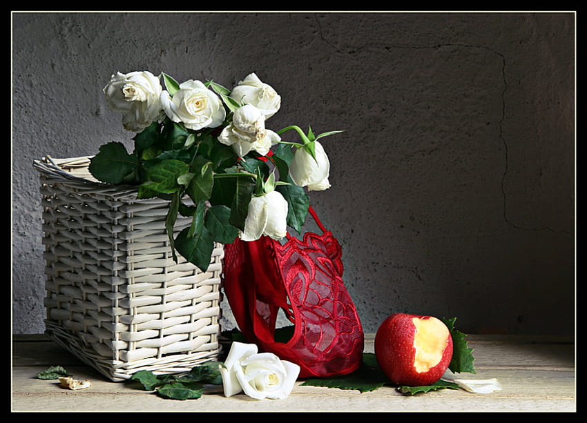 White Roses for Sellina, basket, still life, table, white, roses, red, apple, beautiful HD wallpaper