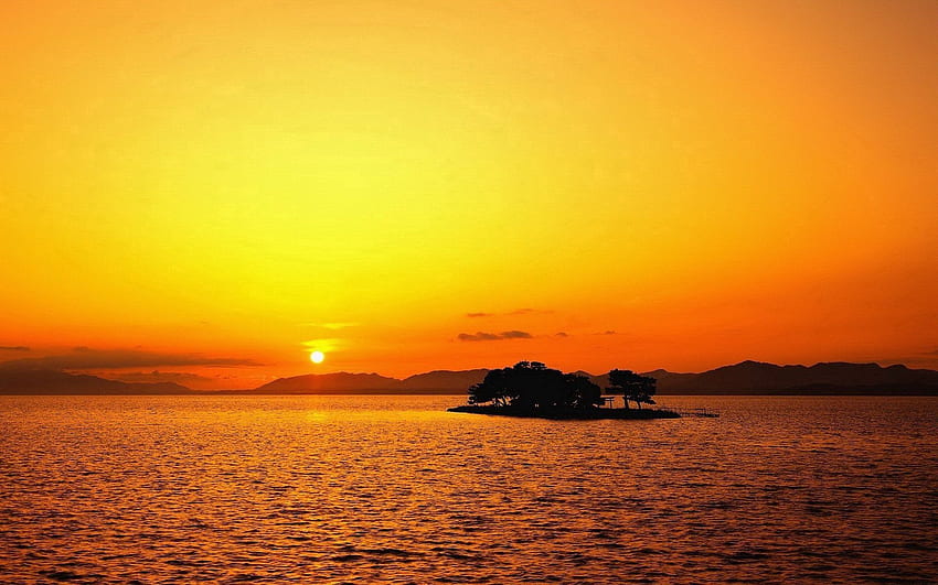 ธรรมชาติ ต้นไม้ พระอาทิตย์ตก ทะเล ดวงอาทิตย์ ขอบฟ้า ระลอก Ripple โครงร่าง เกาะ เกาะเล็กเกาะน้อย วอลล์เปเปอร์ HD