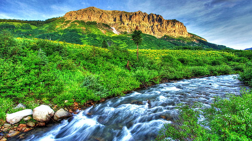 Rio em cascata, flores silvestres, paisagem, nuvens, céu, montanha, pedras papel de parede HD