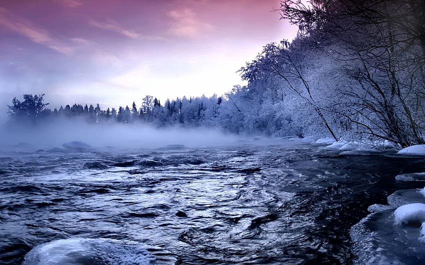 Inverno, natura, acqua, fiumi, alberi, ghiaccio, nebbia, flusso, brina, brina Sfondo HD