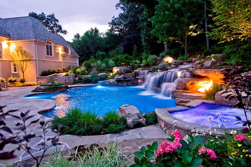 Villa, house, garden, shrubs, beauty, lights, waterfall, trees, flowers, pool, evening HD wallpaper