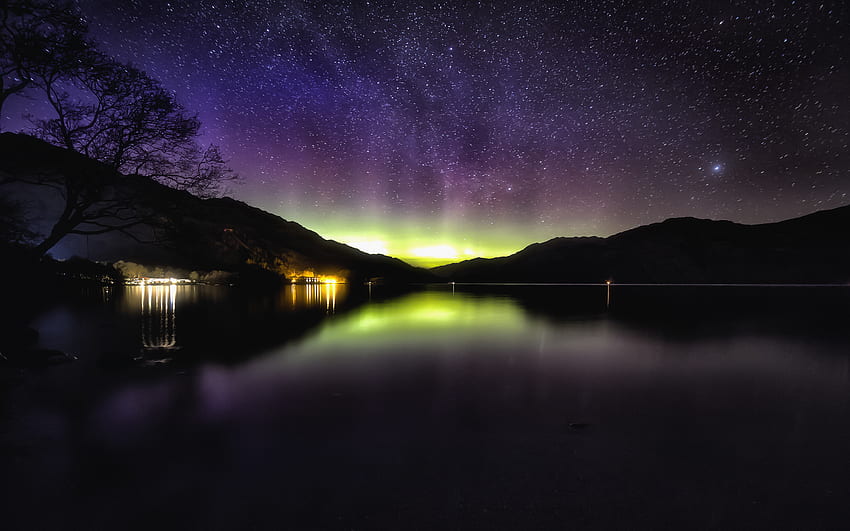 Notte, buio, cielo stellato, Loch Lomond, Scozia, aurora boreale, aurora boreale, aurora Sfondo HD