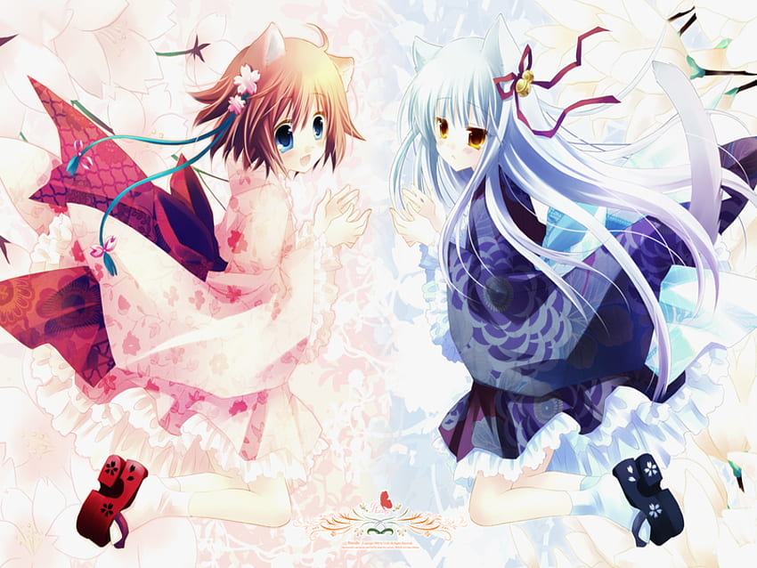 Anime Girls, ribbons, kimono, blue girl, red girl HD wallpaper
