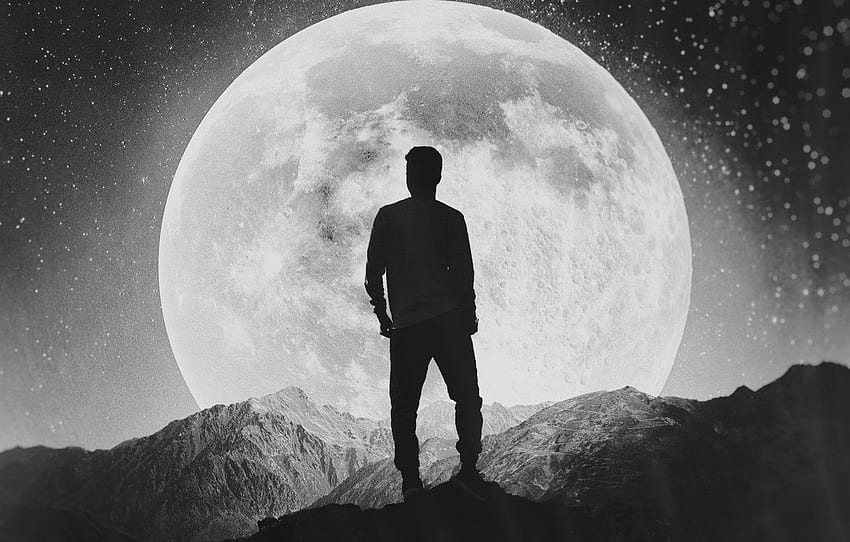 The moon, black and white, moon, guy, alone for , section разное, Moon  Black and White HD wallpaper | Pxfuel