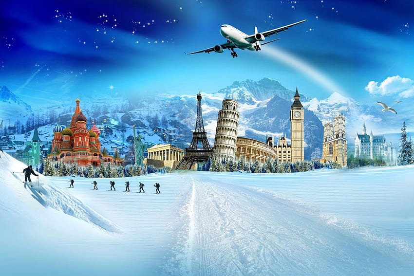 Winter vacation, winter, blue, relax, stars, houses, vacation, nice, buildings, snowflakes, holiday, snow, tower, new year, travel, frost, frozen, cities, path, beautiful, mountain, rest, destination, pretty, christmas, excursion, plane, clouds, nature, sky, lovely HD wallpaper