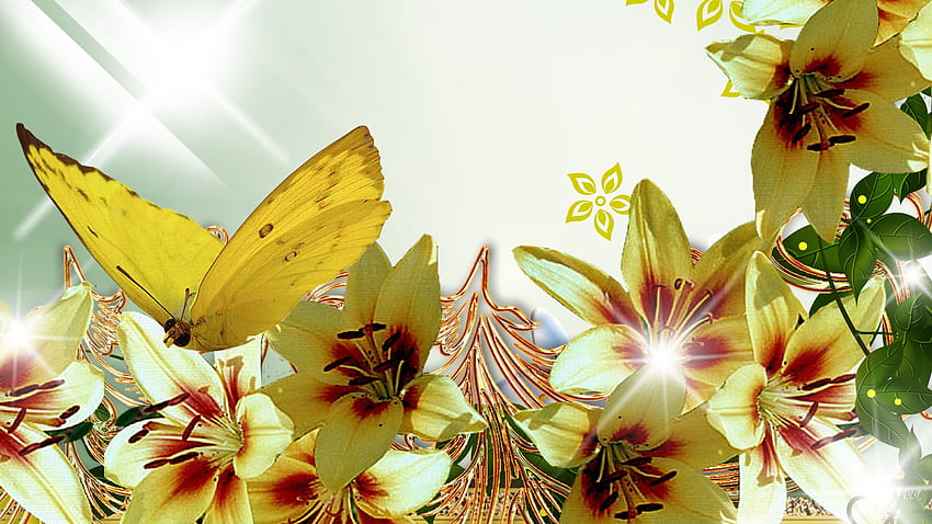 Lilies Gold, glow, sparkles, lily, summer, butterfly, bright, yellow, flowers, lilies HD wallpaper