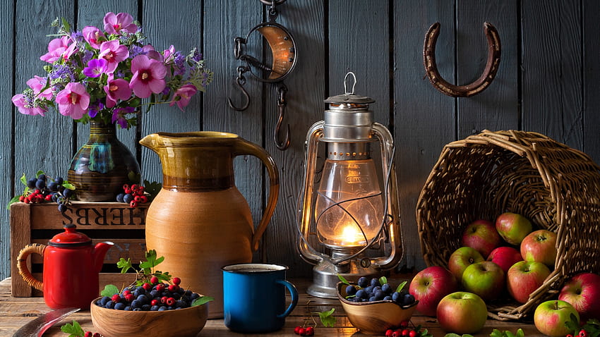 Still life, Flowers, Mug, Basket, Berries, Lantern HD wallpaper