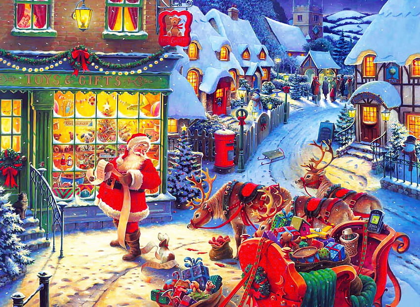 Christmas list, winter, colorful, fun, houses, holiday, snow, santa, art, list, gifts, sleigh, presents, reindeers, christmas, lights, joy, village HD wallpaper