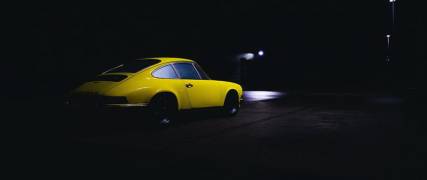 car, yellow, retro, dark, night dual wide background HD wallpaper