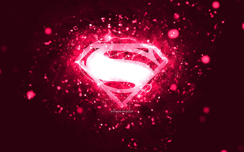 Superman pink logo, , pink neon lights, creative, pink abstract background, Superman logo, superheroes, Superman HD wallpaper