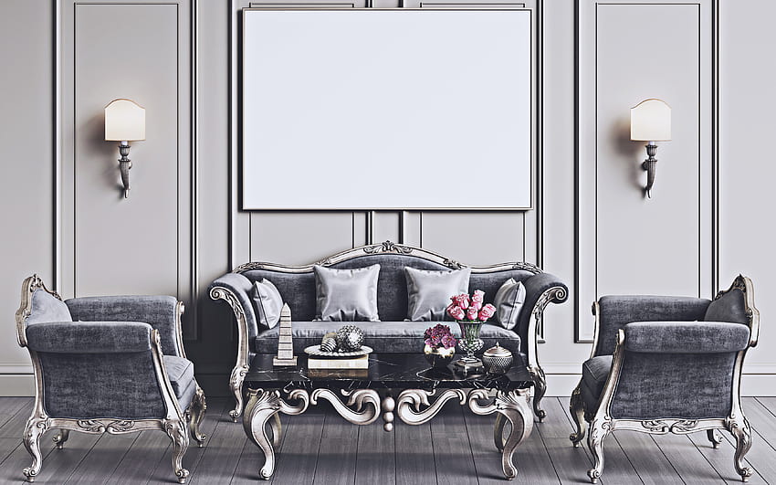 sala de jantar cinza, interior clássico, interior elegante, design de interiores cinza e branco, interior retrô, móveis cinza, sala de jantar papel de parede HD