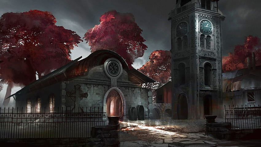 Obra de arte oscuro fantasía artística original horror mal espeluznante espeluznante espeluznante halloween., Iglesia aterradora fondo de pantalla