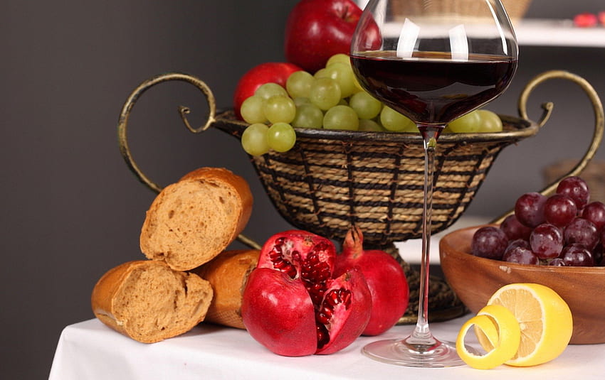 *** 静物 ***、ブドウ、パン、果物、食べ物、ワイン 高画質の壁紙