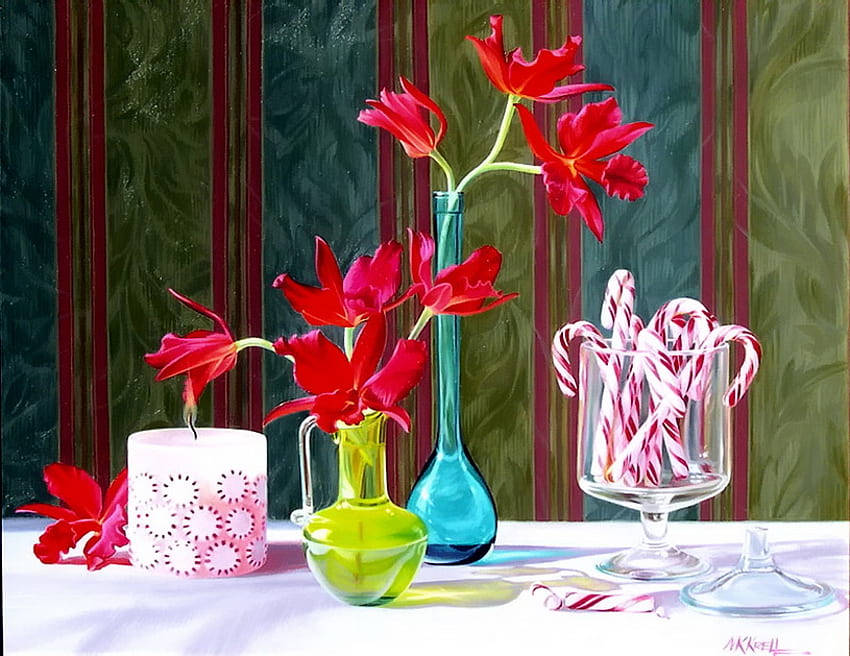Sparkles & Stripes, table, cannes de bonbon, nature morte, peinture, vases, bougie, rouge, plat en verre, orchidées Fond d'écran HD