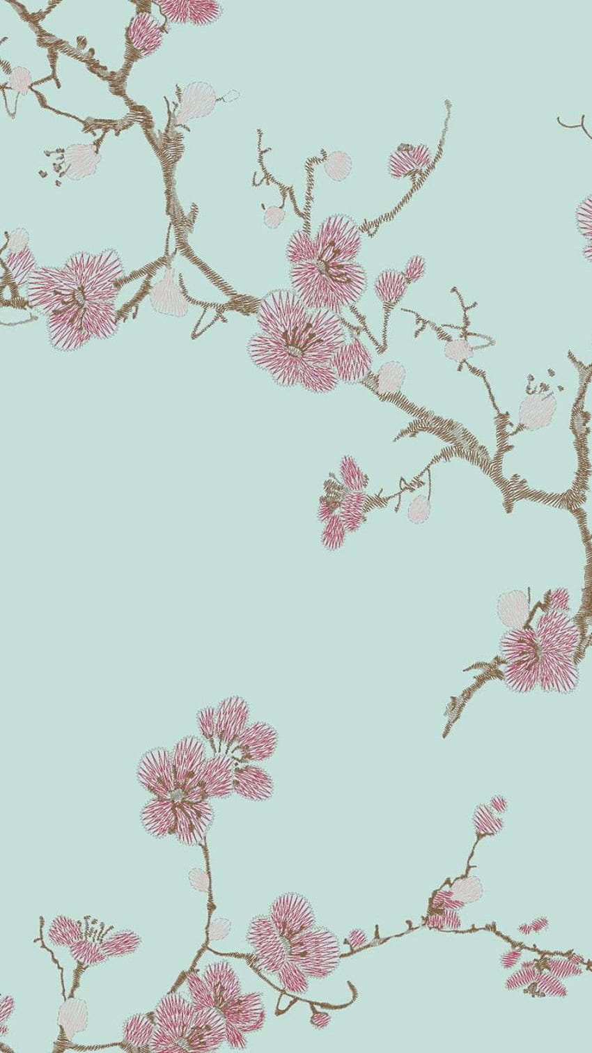 Flower Asian Style Textured Imitate Stitchwork Teal HD phone wallpaper