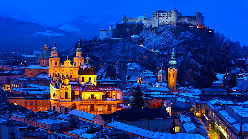 architecture, Building, Old building, Town, House, Salzburg, Austria, Winter, Snow, Evening, Lights, Church, Cathedral, Castle, Hill, Rock, Rooftops, Ancient / and Mobile Background HD wallpaper
