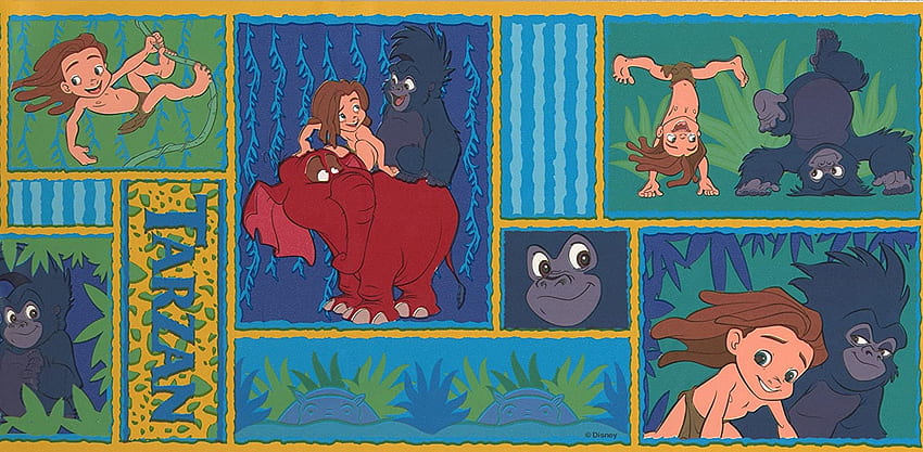 Tarzan with Animals Disney Cartoon Border - Blue, Green, Baby Tarzan HD wallpaper