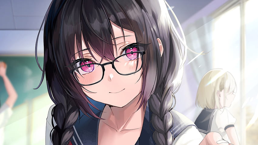 Różowe Oczy Dziewczyna Anime Z Okularami Dziewczyna Anime Tapeta HD