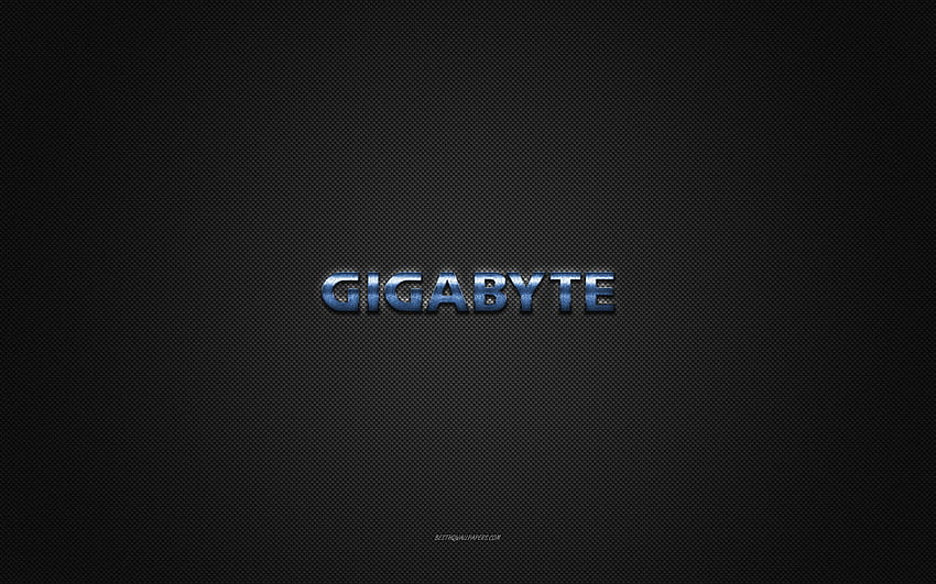 Logo Gigabyte, niebieskie błyszczące logo, metalowy emblemat Gigabyte, szara tekstura włókna węglowego, Gigabyte, marki, sztuka kreatywna, emblemat Gigabyte Tapeta HD
